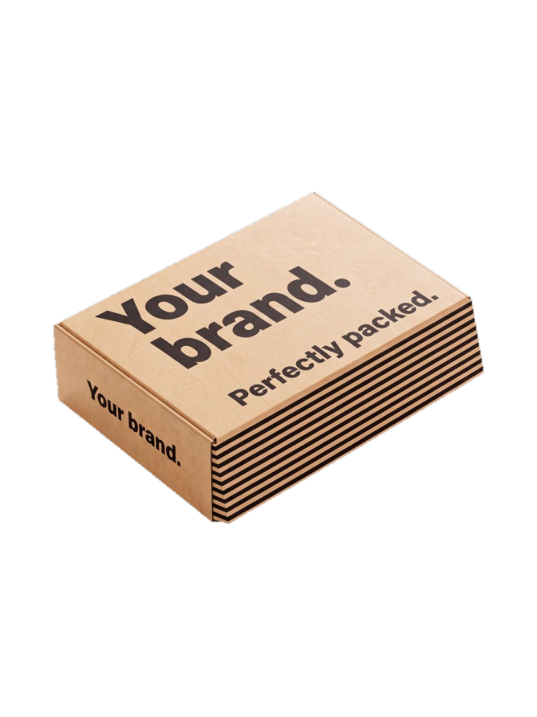 Custom printed kraft mailer box, side view with striped print