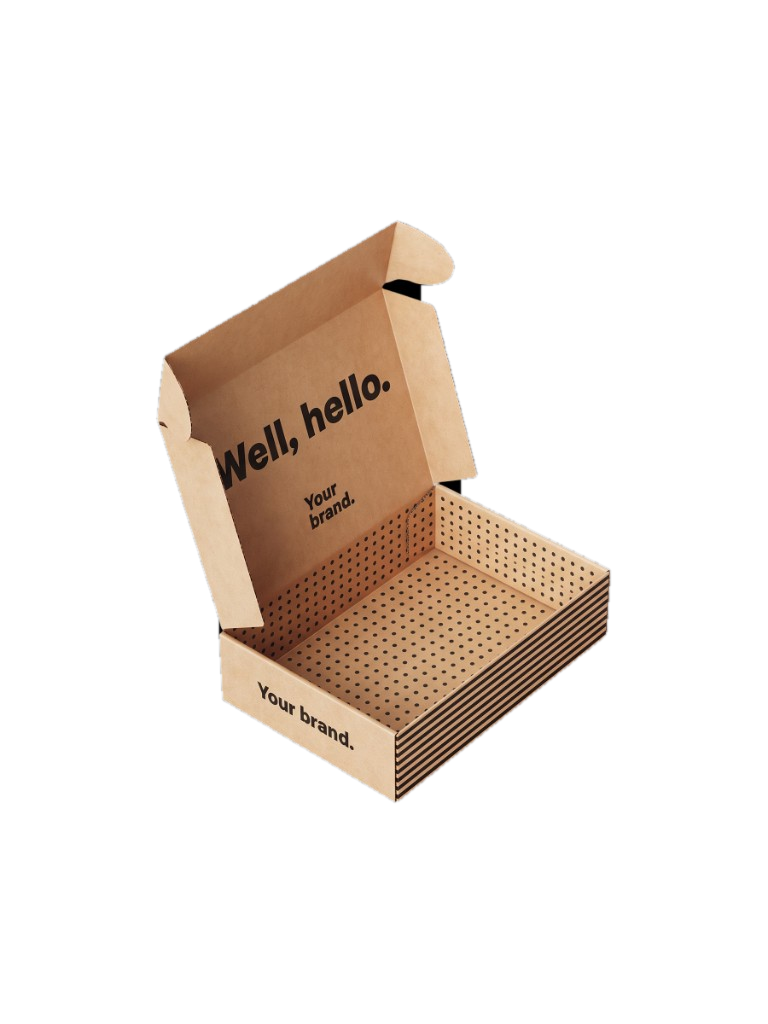 Open custom mailer box with printed inside lid and patterned interior