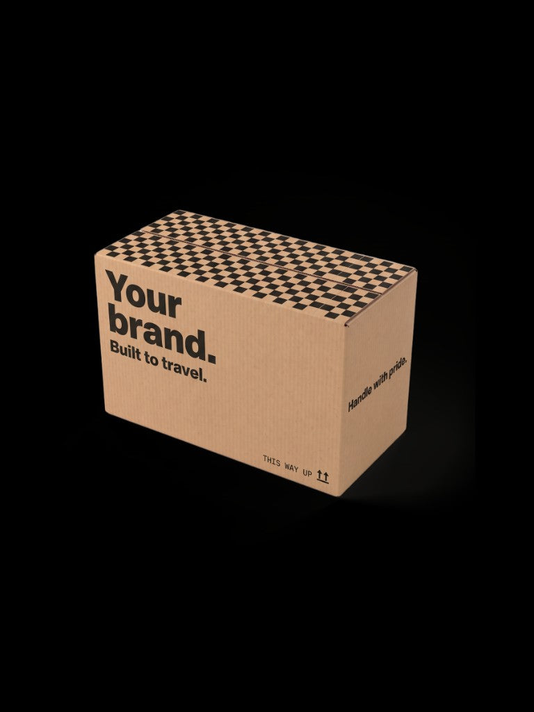 Custom printed kraft shipping box with your brand logo and checkerboard pattern